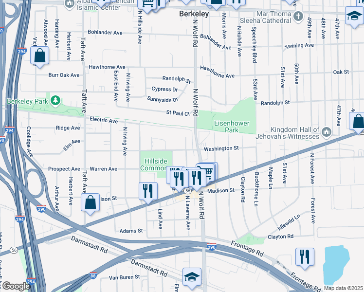 map of restaurants, bars, coffee shops, grocery stores, and more near 4850 Washington St in Hillside