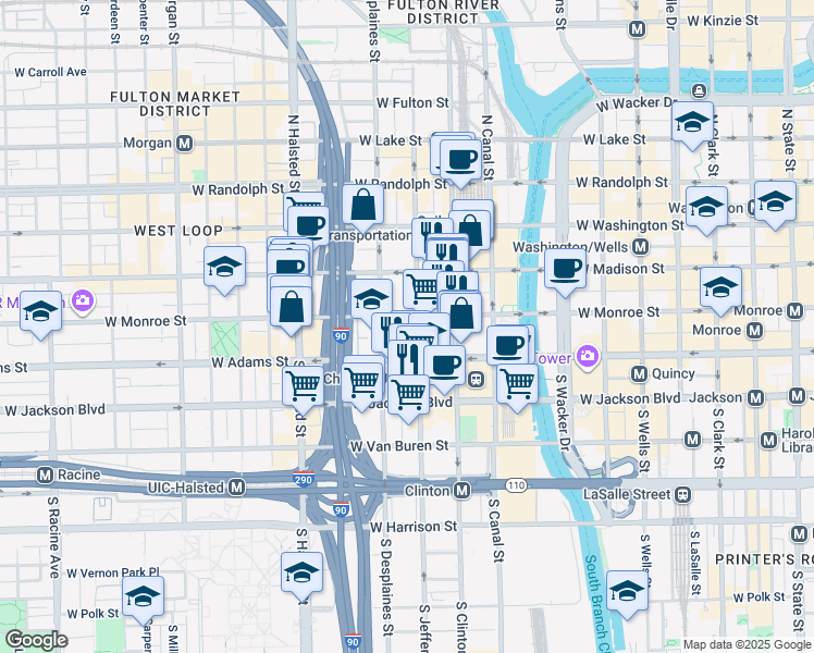 map of restaurants, bars, coffee shops, grocery stores, and more near 119 South Desplaines Street in Chicago