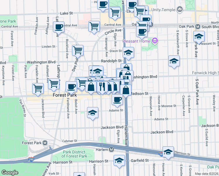 map of restaurants, bars, coffee shops, grocery stores, and more near 7251 Madison Street in Forest Park