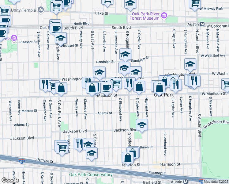 map of restaurants, bars, coffee shops, grocery stores, and more near 438 Madison Street in Oak Park