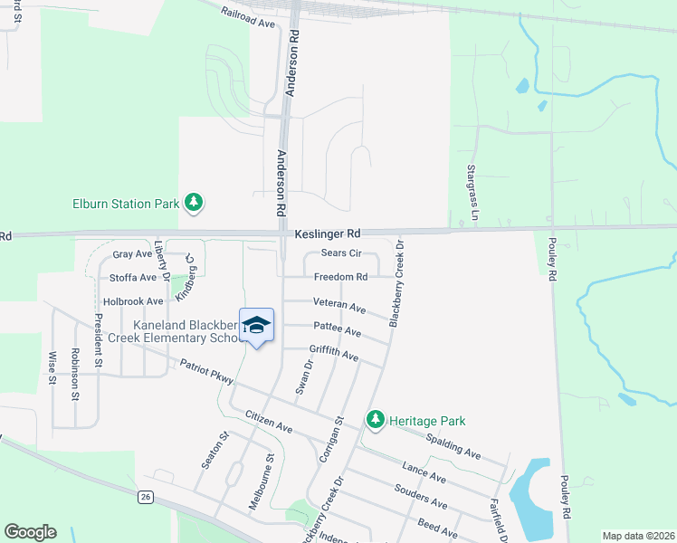 map of restaurants, bars, coffee shops, grocery stores, and more near 1074 Freedom Road in Elburn