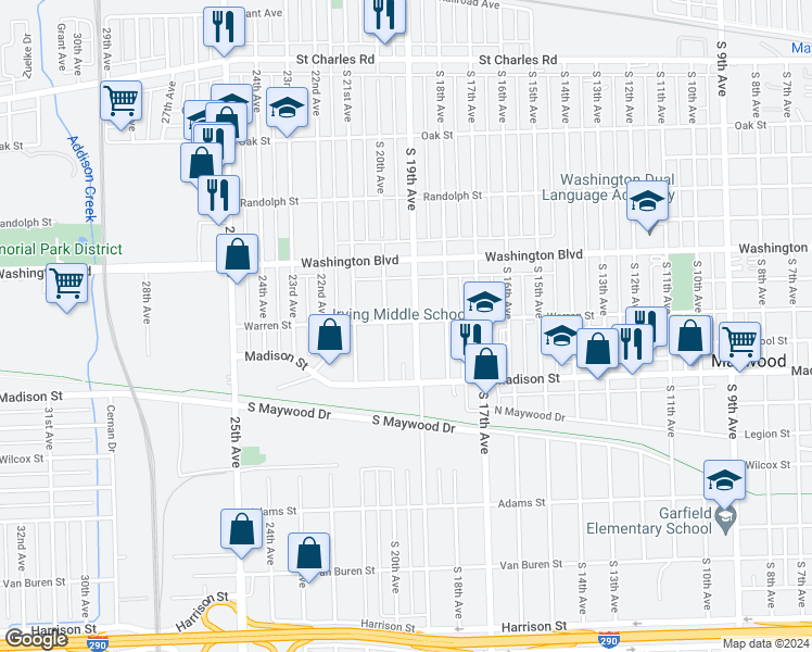 map of restaurants, bars, coffee shops, grocery stores, and more near 1900 Warren Street in Maywood