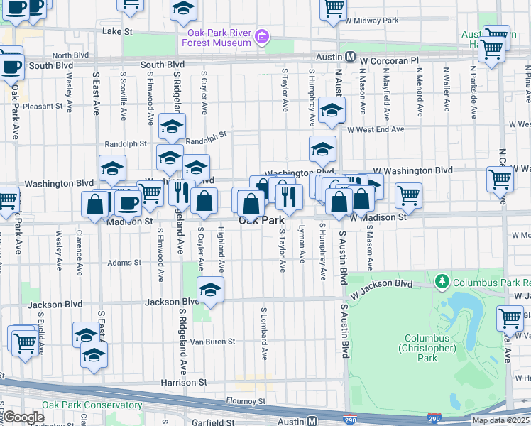 map of restaurants, bars, coffee shops, grocery stores, and more near 201 Madison Street in Oak Park