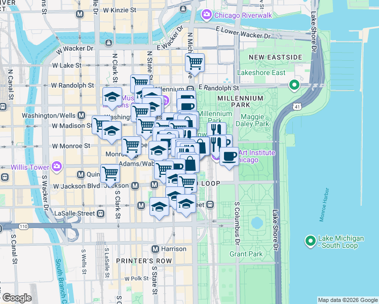 map of restaurants, bars, coffee shops, grocery stores, and more near 116 South Michigan Avenue in Chicago
