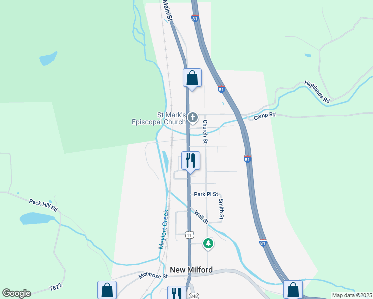 map of restaurants, bars, coffee shops, grocery stores, and more near 142 Main Street in New Milford
