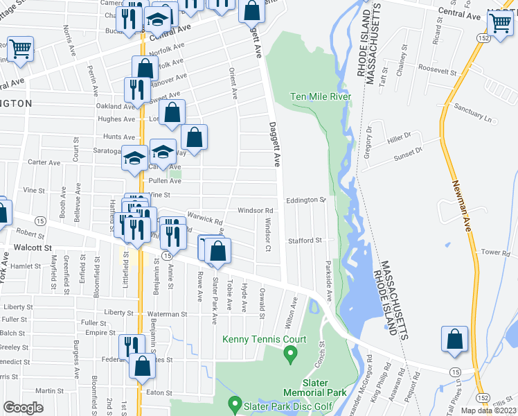 map of restaurants, bars, coffee shops, grocery stores, and more near 132 Windsor Road in Pawtucket