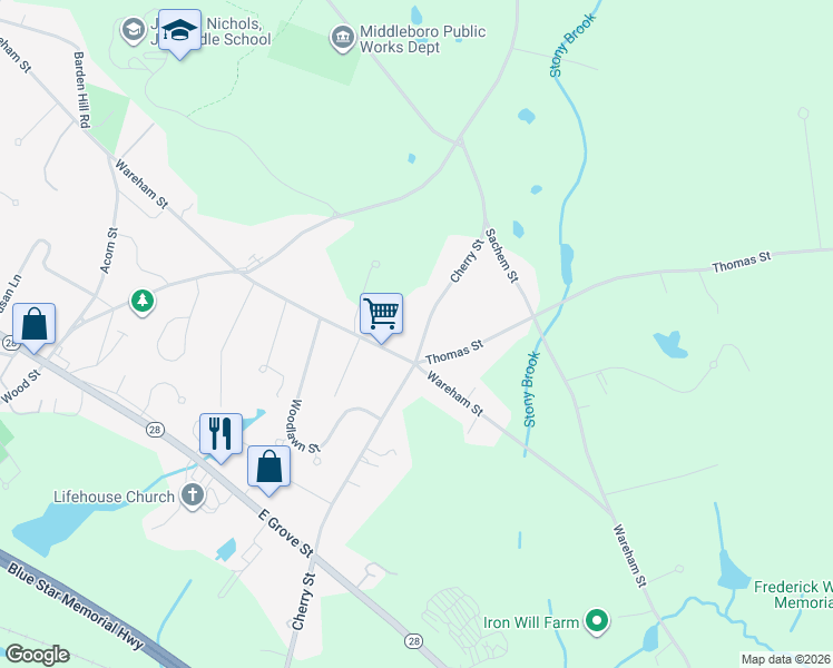 map of restaurants, bars, coffee shops, grocery stores, and more near 41 Cherry Street in Middleborough