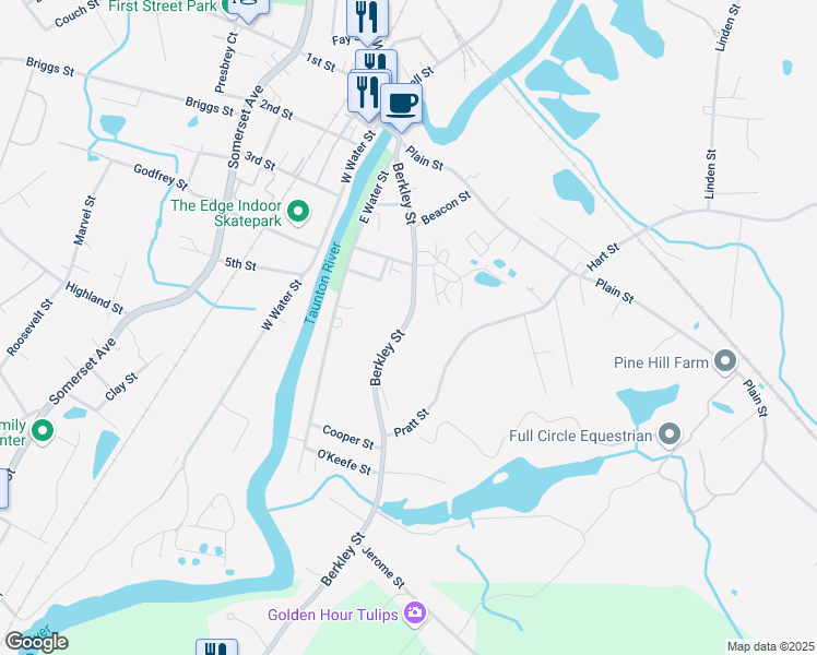 map of restaurants, bars, coffee shops, grocery stores, and more near 188 Berkley Street in Taunton