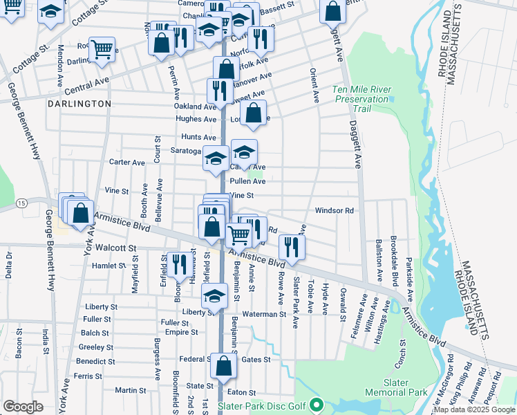 map of restaurants, bars, coffee shops, grocery stores, and more near 35 Warwick Road in Pawtucket