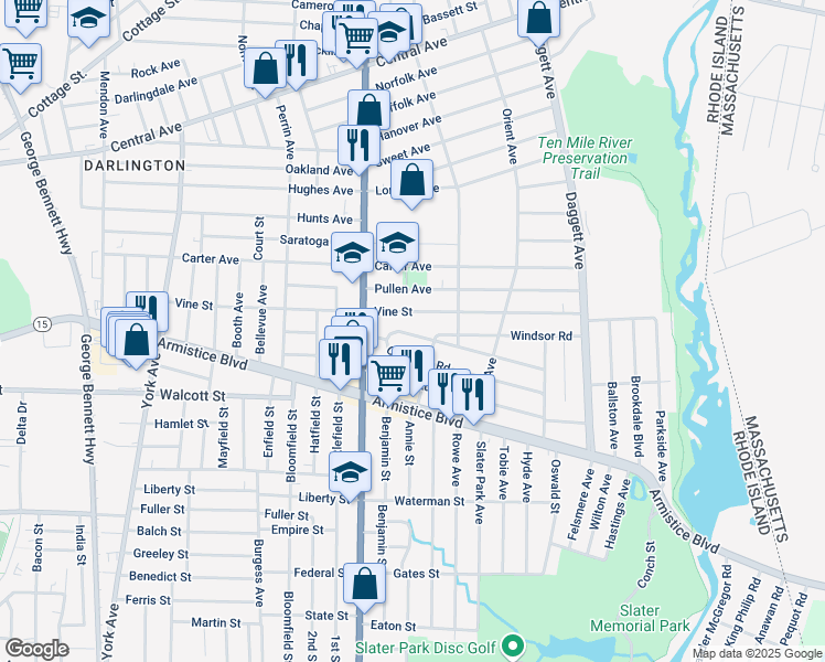 map of restaurants, bars, coffee shops, grocery stores, and more near 35 Warwick Road in Pawtucket