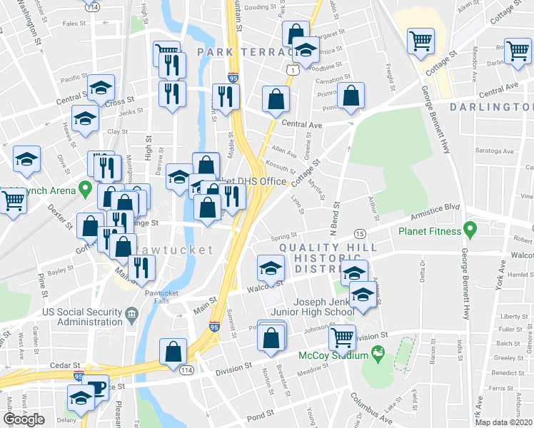 map of restaurants, bars, coffee shops, grocery stores, and more near 5 Howard Avenue in Pawtucket