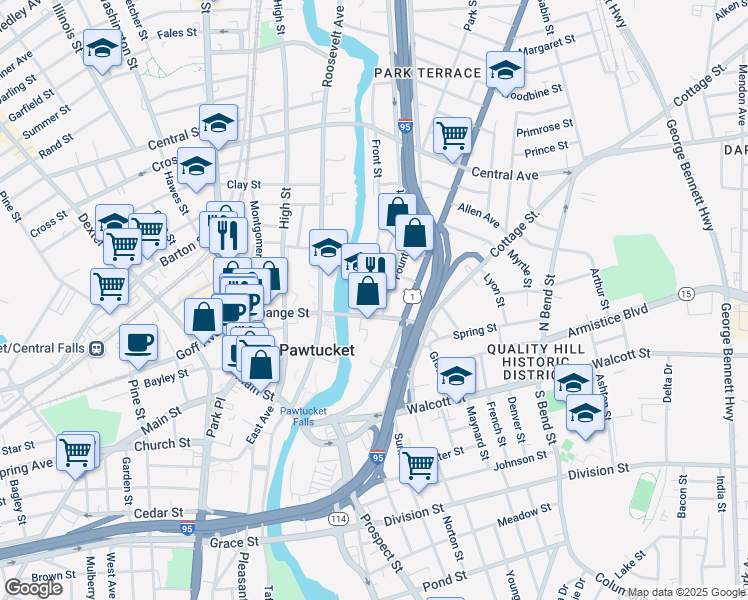 map of restaurants, bars, coffee shops, grocery stores, and more near in Pawtucket