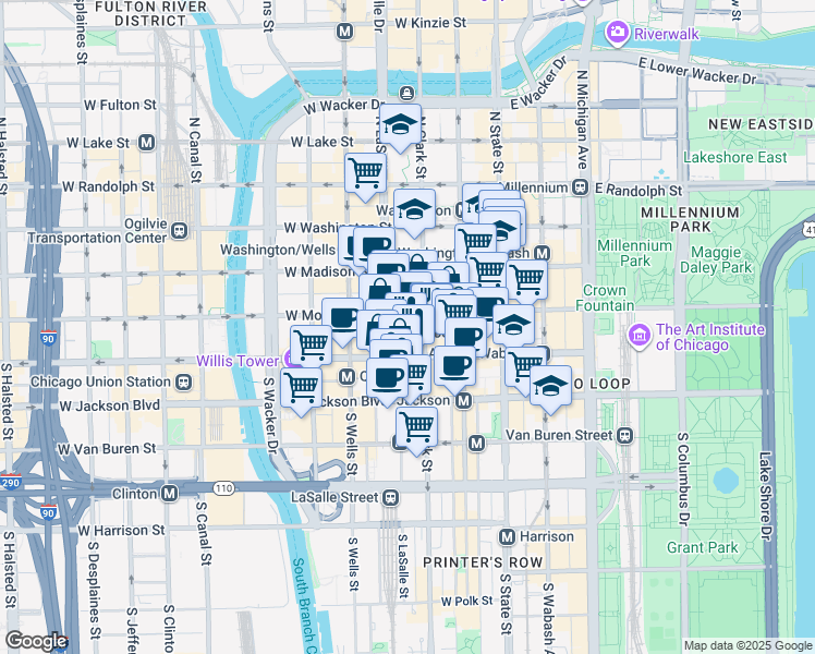 map of restaurants, bars, coffee shops, grocery stores, and more near 135 South LaSalle Street in Chicago