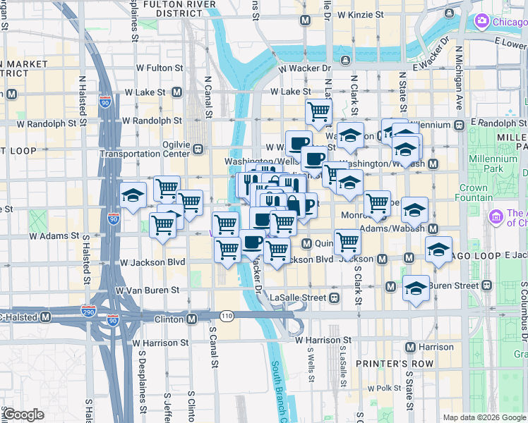 map of restaurants, bars, coffee shops, grocery stores, and more near 125 South Wacker Drive in Chicago