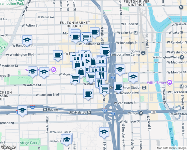 map of restaurants, bars, coffee shops, grocery stores, and more near 113 South Peoria Street in Chicago