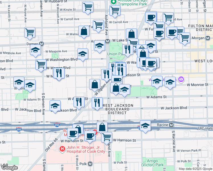 map of restaurants, bars, coffee shops, grocery stores, and more near 1645 Ogden Avenue in Chicago