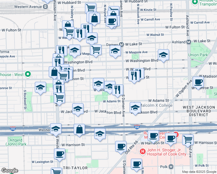 map of restaurants, bars, coffee shops, grocery stores, and more near 2102 West Monroe Street in Chicago