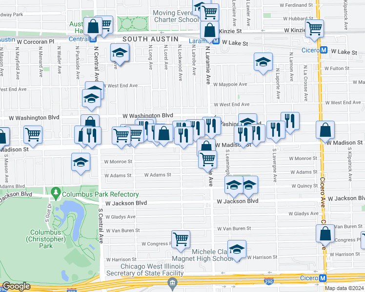 map of restaurants, bars, coffee shops, grocery stores, and more near 5255-61 West Madison Street in Chicago