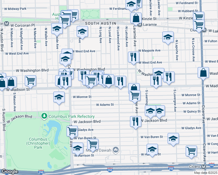 map of restaurants, bars, coffee shops, grocery stores, and more near 5337 West Madison Street in Chicago