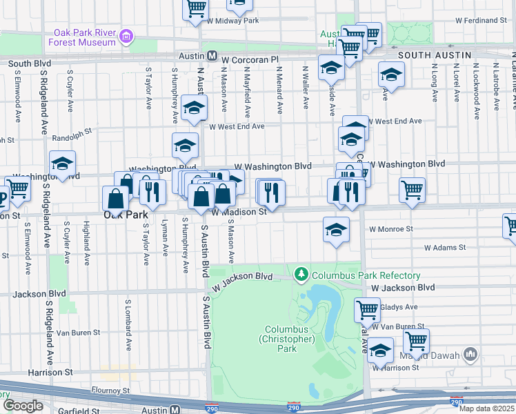 map of restaurants, bars, coffee shops, grocery stores, and more near 5831 West Madison Street in Chicago