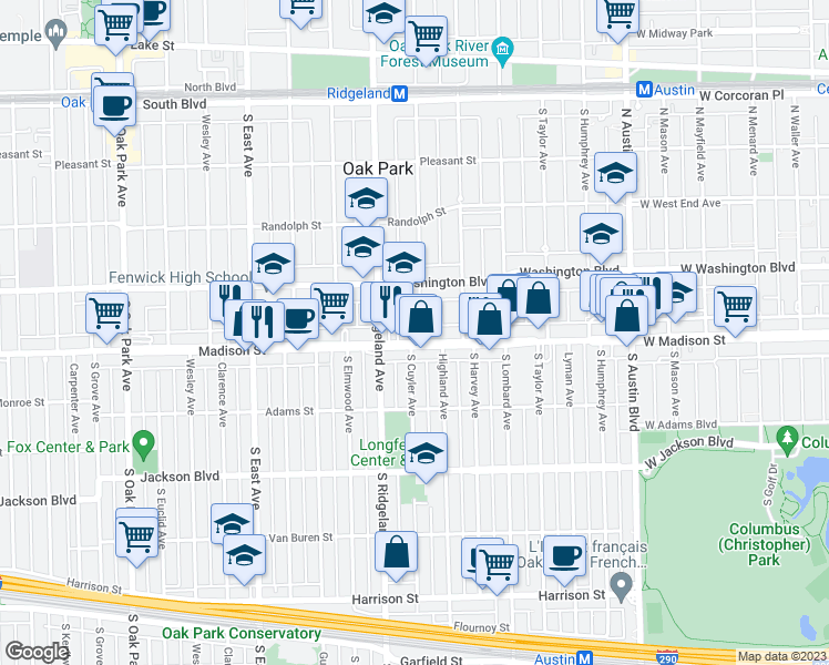 map of restaurants, bars, coffee shops, grocery stores, and more near 306 Madison Street in Oak Park