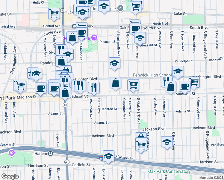 map of restaurants, bars, coffee shops, grocery stores, and more near 926 Madison Street in Oak Park