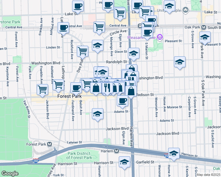 map of restaurants, bars, coffee shops, grocery stores, and more near 7251 Madison Street in Forest Park