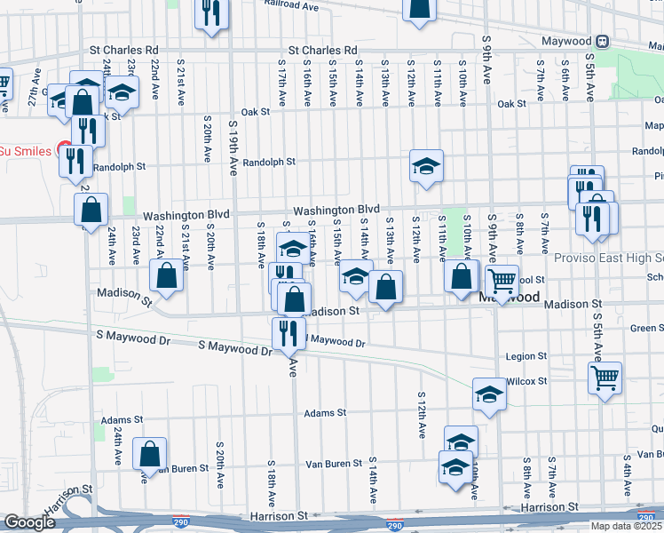 map of restaurants, bars, coffee shops, grocery stores, and more near 813 South 16th Avenue in Maywood