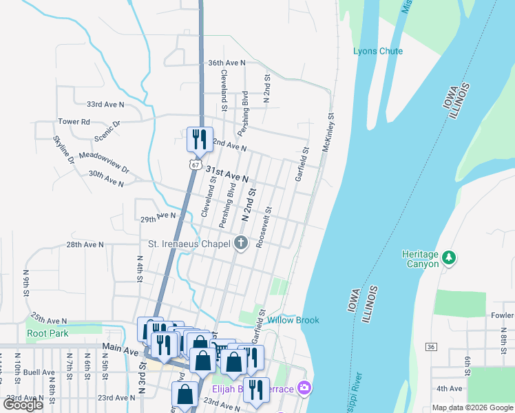 map of restaurants, bars, coffee shops, grocery stores, and more near 2901-2999 North 2nd Street in Clinton