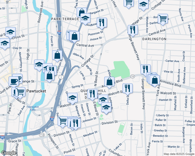 map of restaurants, bars, coffee shops, grocery stores, and more near 87 North Bend Street in Pawtucket