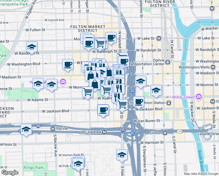 map of restaurants, bars, coffee shops, grocery stores, and more near 113 South Peoria Street in Chicago