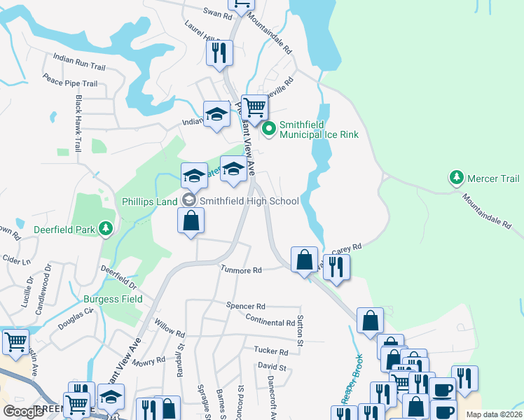 map of restaurants, bars, coffee shops, grocery stores, and more near 72 Cedar Swamp Road in Smithfield