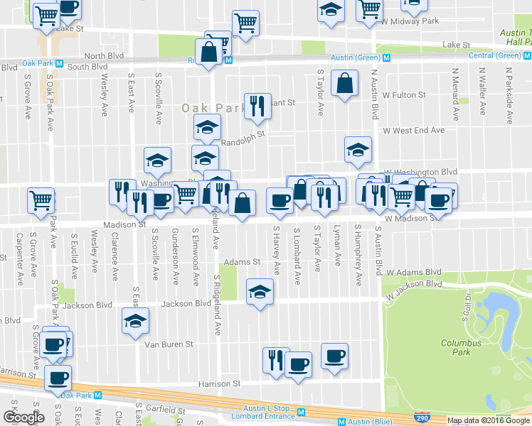 map of restaurants, bars, coffee shops, grocery stores, and more near 238 Madison Street in Oak Park