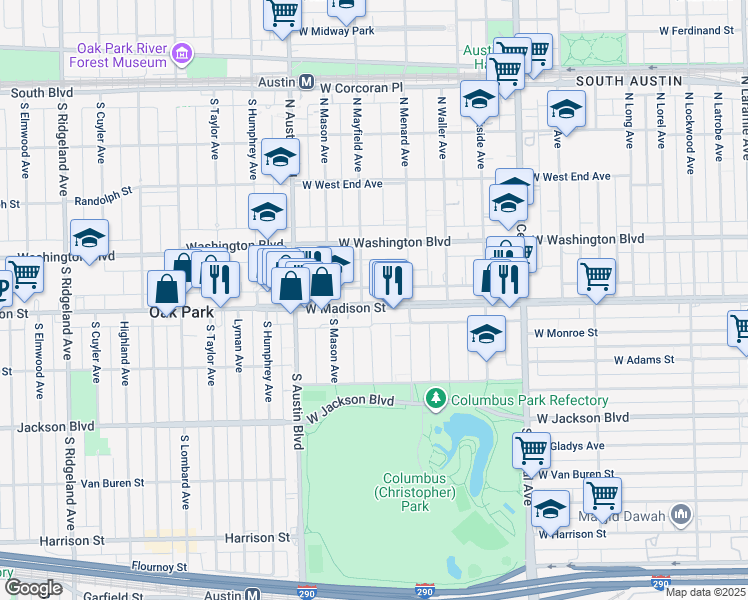 map of restaurants, bars, coffee shops, grocery stores, and more near 5836 West Madison Street in Chicago
