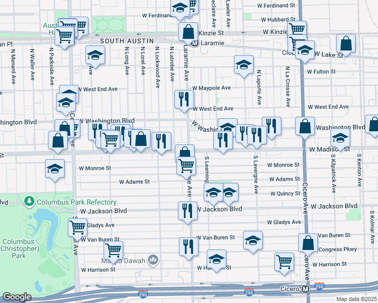 map of restaurants, bars, coffee shops, grocery stores, and more near 8 South Laramie Avenue in Chicago