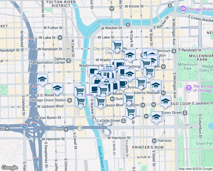 map of restaurants, bars, coffee shops, grocery stores, and more near 227 West Monroe Street in Chicago