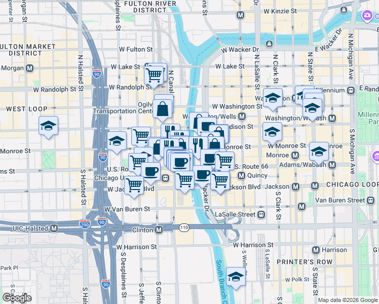 map of restaurants, bars, coffee shops, grocery stores, and more near 403 West Monroe Street in Chicago