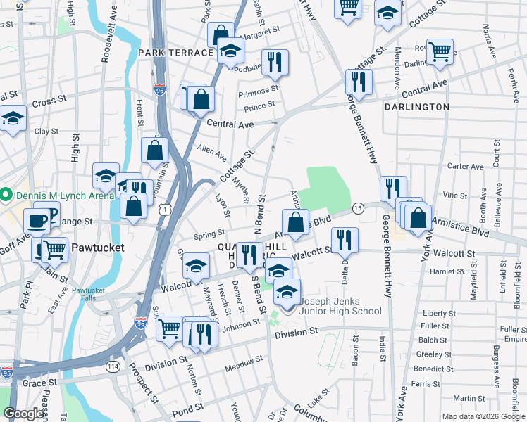 map of restaurants, bars, coffee shops, grocery stores, and more near 95 North Bend Street in Pawtucket