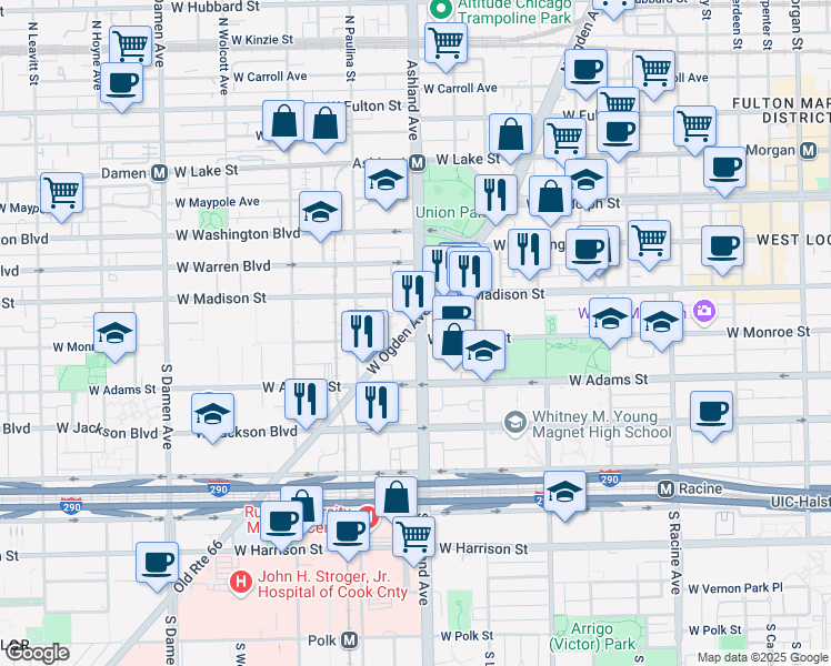 map of restaurants, bars, coffee shops, grocery stores, and more near 1645 Ogden Avenue in Chicago