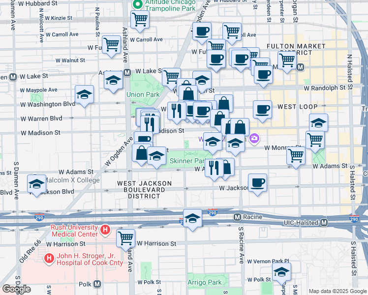 map of restaurants, bars, coffee shops, grocery stores, and more near Unnamed Road in Chicago
