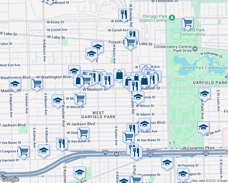 map of restaurants, bars, coffee shops, grocery stores, and more near 14 South Karlov Avenue in Chicago