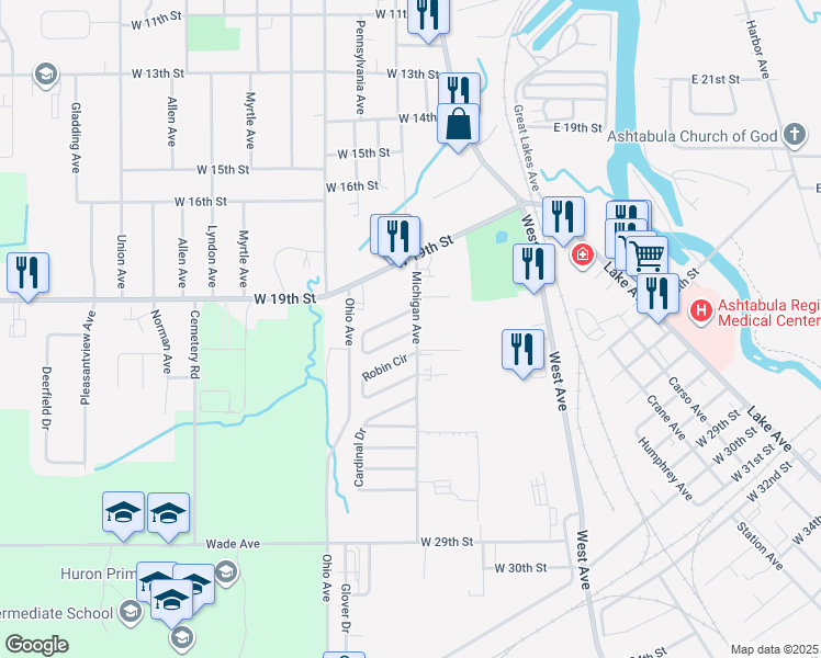map of restaurants, bars, coffee shops, grocery stores, and more near 1749 Blue Jay Circle in Ashtabula
