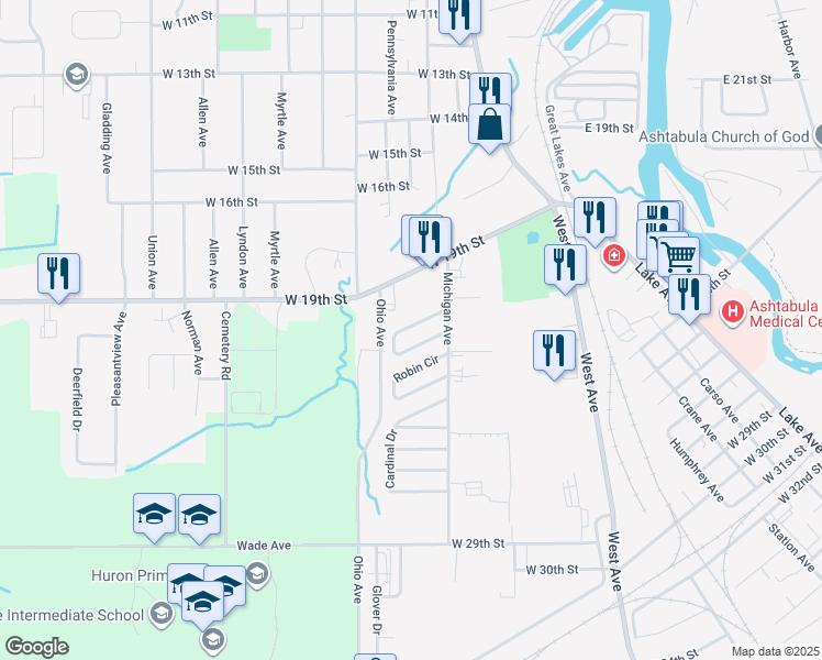 map of restaurants, bars, coffee shops, grocery stores, and more near 1726-1739 Blue Jay Cir in Ashtabula