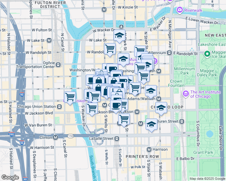 map of restaurants, bars, coffee shops, grocery stores, and more near 120 South LaSalle Street in Chicago
