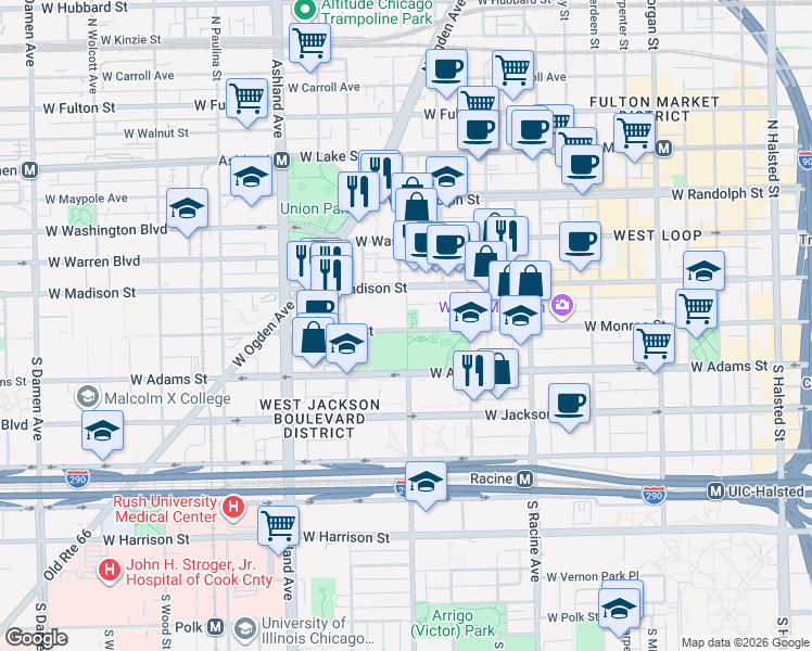 map of restaurants, bars, coffee shops, grocery stores, and more near Unnamed Road in Chicago
