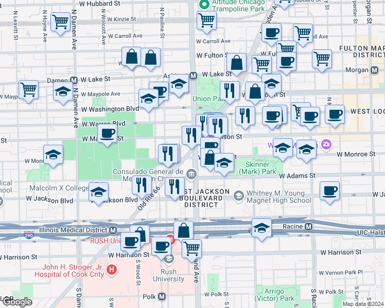 map of restaurants, bars, coffee shops, grocery stores, and more near 1645 Ogden Avenue in Chicago