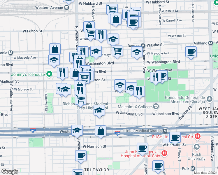map of restaurants, bars, coffee shops, grocery stores, and more near 2222 West Monroe Street in Chicago