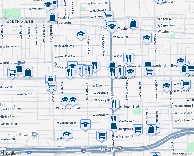 map of restaurants, bars, coffee shops, grocery stores, and more near 4843 West Madison Street in Chicago