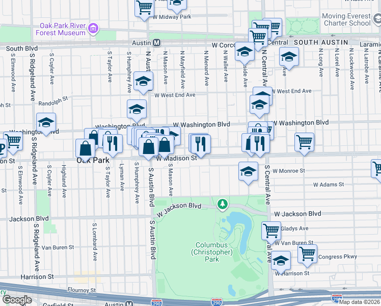 map of restaurants, bars, coffee shops, grocery stores, and more near 5831 West Madison Street in Chicago