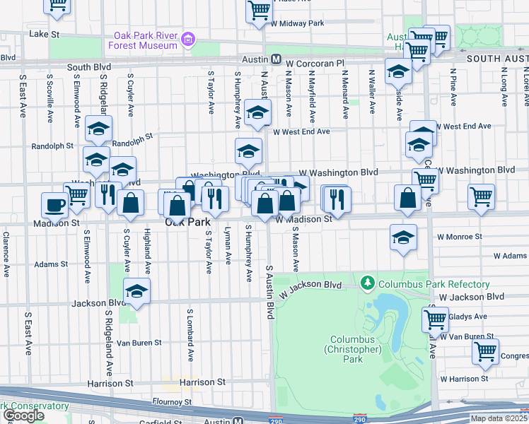 map of restaurants, bars, coffee shops, grocery stores, and more near 15 Madison Street in Oak Park